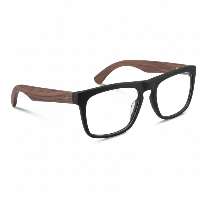 Anteojos ópticos marco cristal negro mate con varillas de madera de nogal - diseño wayfarer holbrook unisex sustentable Bonoboss Chile #color_negro