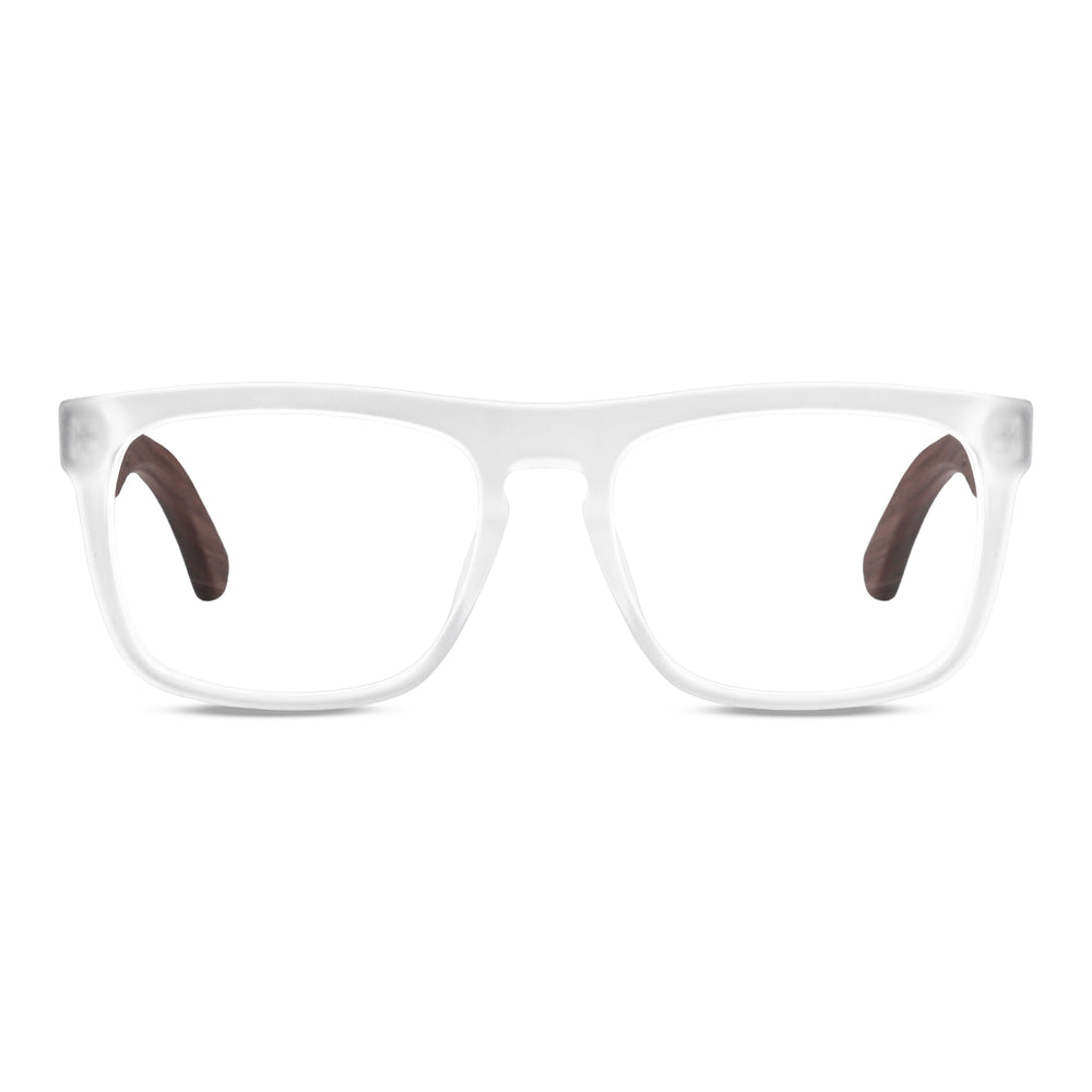 Anteojos ópticos marco cristal transparente mate con varillas de madera de nogal - diseño wayfarer holbrook unisex sustentable Bonoboss Chile #color_transparente