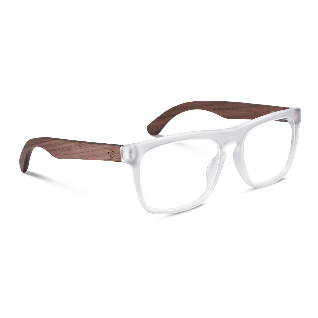 Anteojos ópticos marco cristal transparente mate con varillas de madera de nogal - diseño wayfarer holbrook unisex sustentable Bonoboss Chile #color_transparente