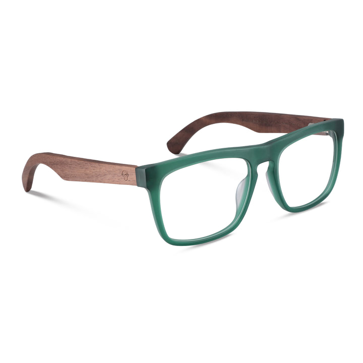 Anteojos ópticos marco cristal verde mate con varillas de madera de nogal - diseño wayfarer holbrook unisex sustentable Bonoboss Chile #color_verde