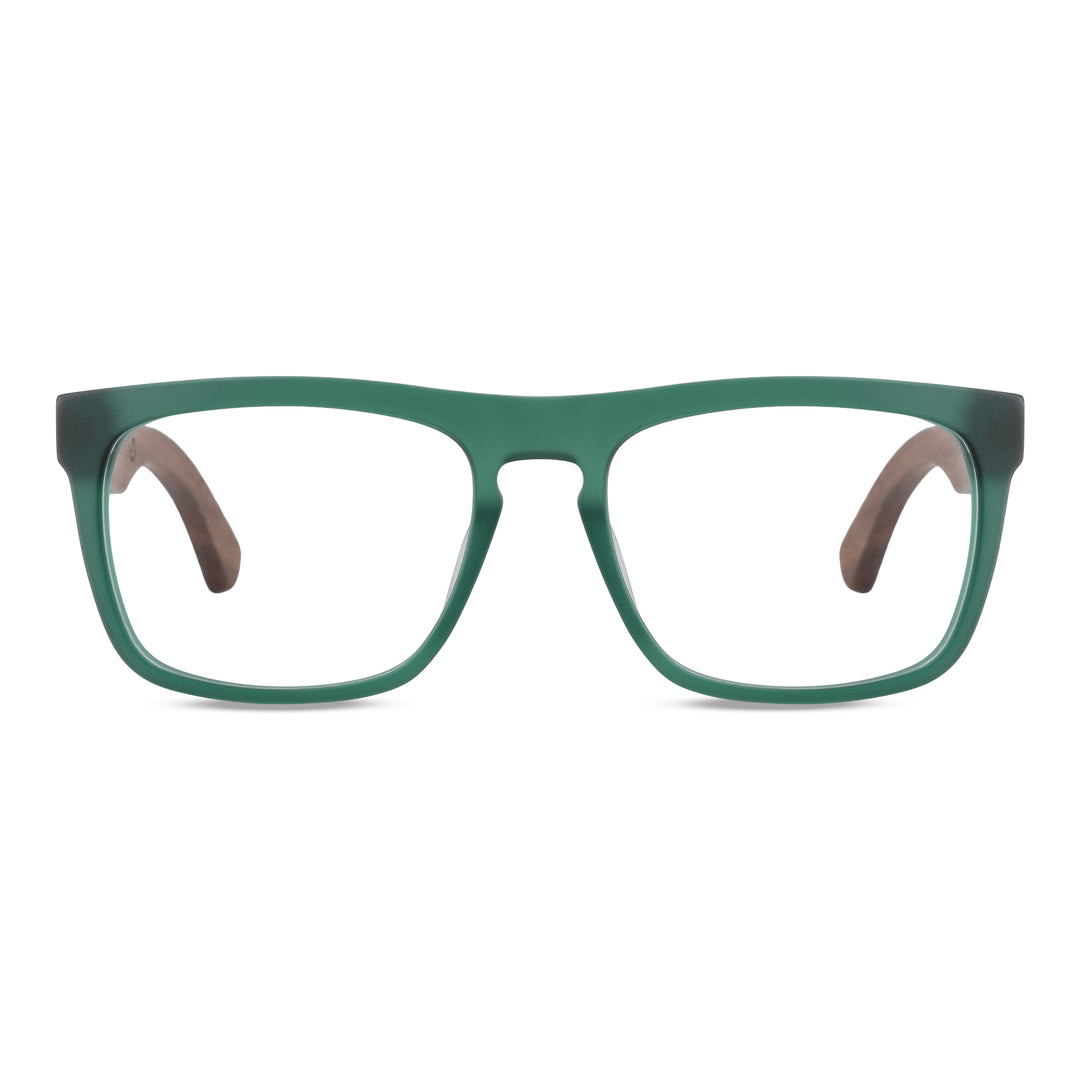 Anteojos ópticos marco cristal verde mate con varillas de madera de nogal - diseño wayfarer holbrook unisex sustentable Bonoboss Chile #color_verde