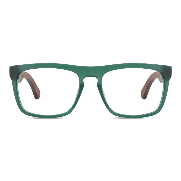 Anteojos ópticos marco cristal verde mate con varillas de madera de nogal - diseño wayfarer holbrook unisex sustentable Bonoboss Chile #color_verde