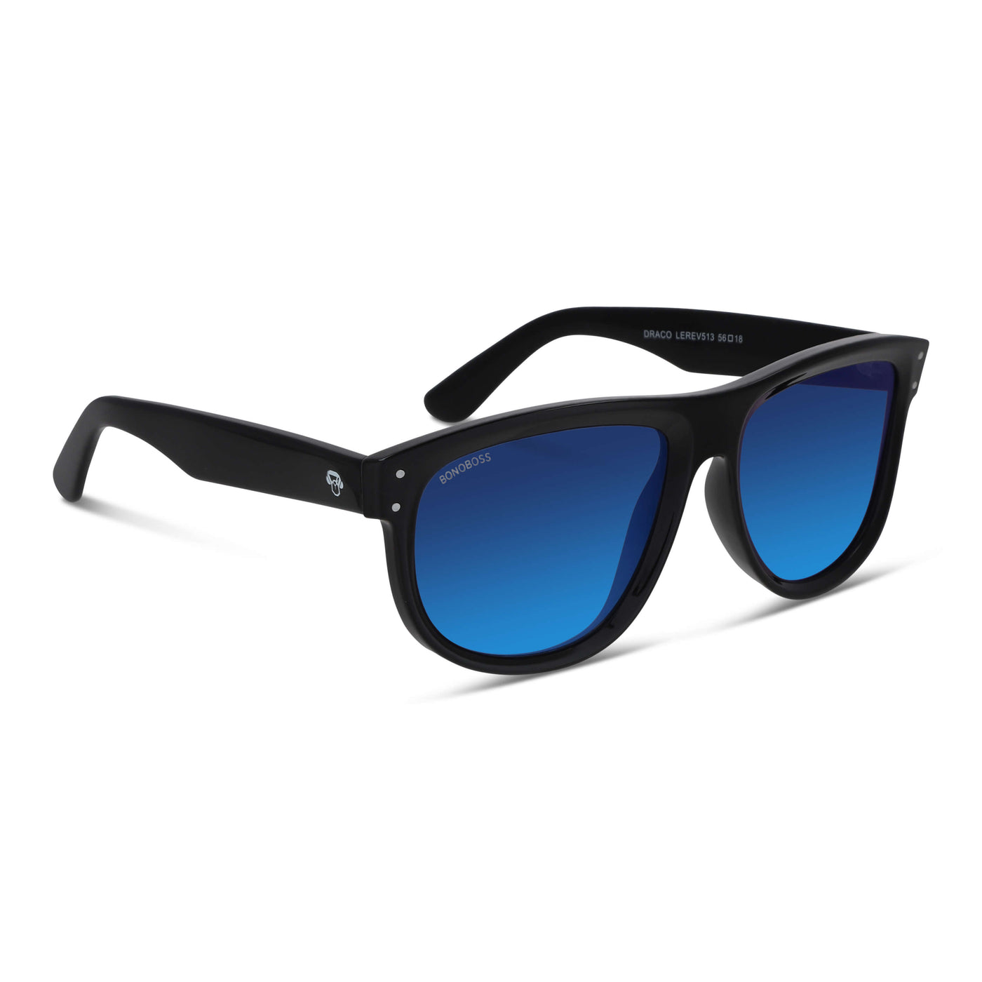 anteojos de sol polarizados reverse rayban moda hombre y mujer sustentable plastico reciclado vista angular negro con lentes espejados azules