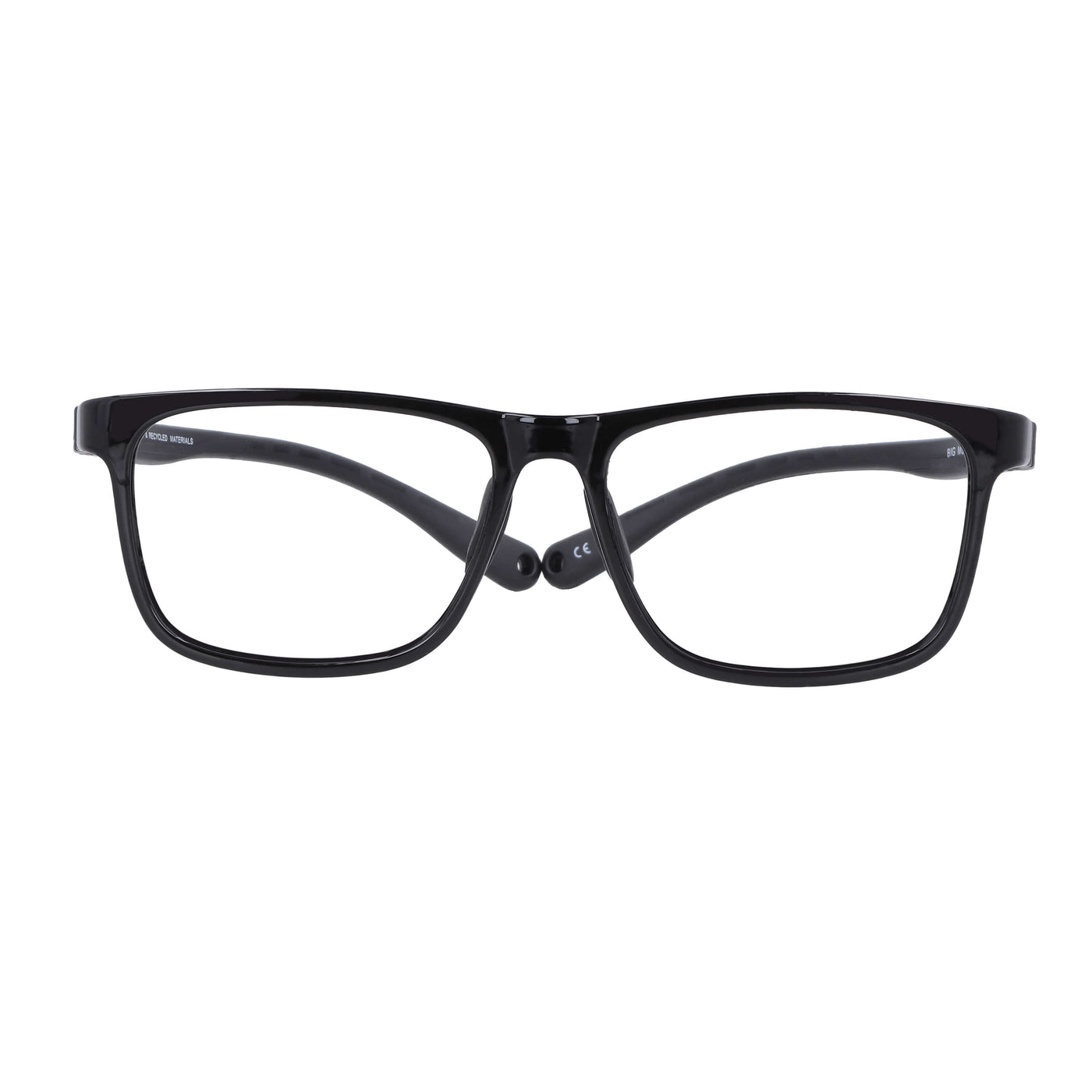 Vista frontal de un anteojo óptico o armazon para niños y niñas de forma rectangular con puente prominente de color negro