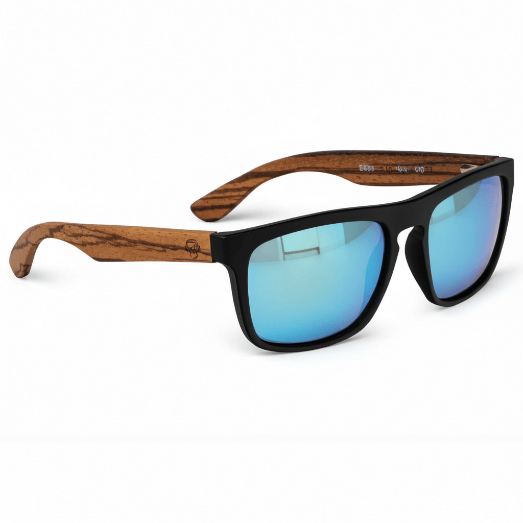 una vista frontal de anteojos gafas de sol rectangulares ecologicas de plastico reciclado especial para regalo corporativo personalizado de color negro lentes espejadas azules en vista angulada #color-marco_negro