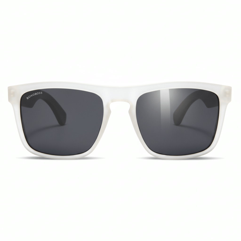 una vista frontal de anteojos gafas de sol rectangulares ecologicas de plastico reciclado especial para regalo corporativo personalizado de color transparente blanco con lentes de color negro en vista frontal #color-marco_milky-white