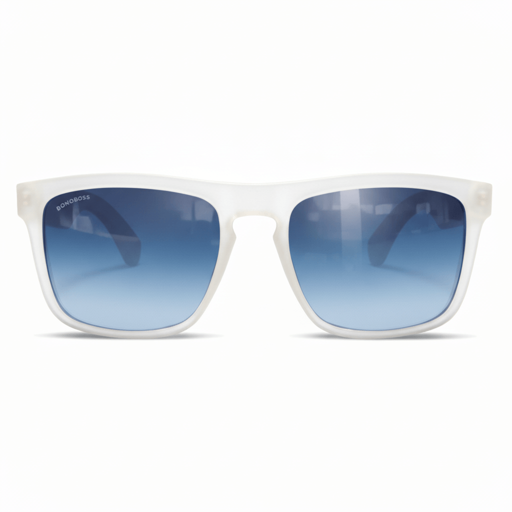 una vista frontal de anteojos gafas de sol rectangulares ecologicas de plastico reciclado especial para regalo corporativo personalizado de color transparente blanco con lentes de color degrade azul en vista frontal #color-marco_milky-white