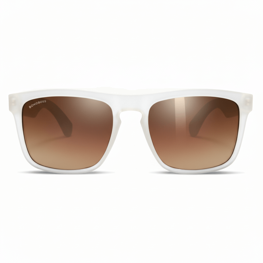 una vista frontal de anteojos gafas de sol rectangulares ecologicas de plastico reciclado especial para regalo corporativo personalizado de color transparente blanco con lentes de color degrade cafe en vista frontal #color-marco_milky-white