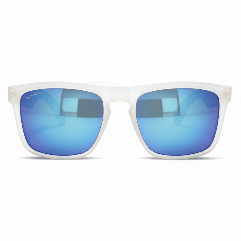 una vista frontal de anteojos gafas de sol rectangulares ecologicas de plastico reciclado especial para regalo corporativo personalizado de color transparente blanco con lentes espejadas azules en vista frontal #color-marco_milky-white