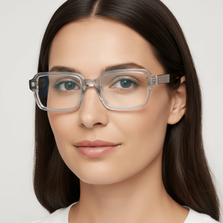 la vista lateral de una mujer de cara redonda usando armazones opticos bonoboss de forma rectangular de color transparente #color_crystal-carey