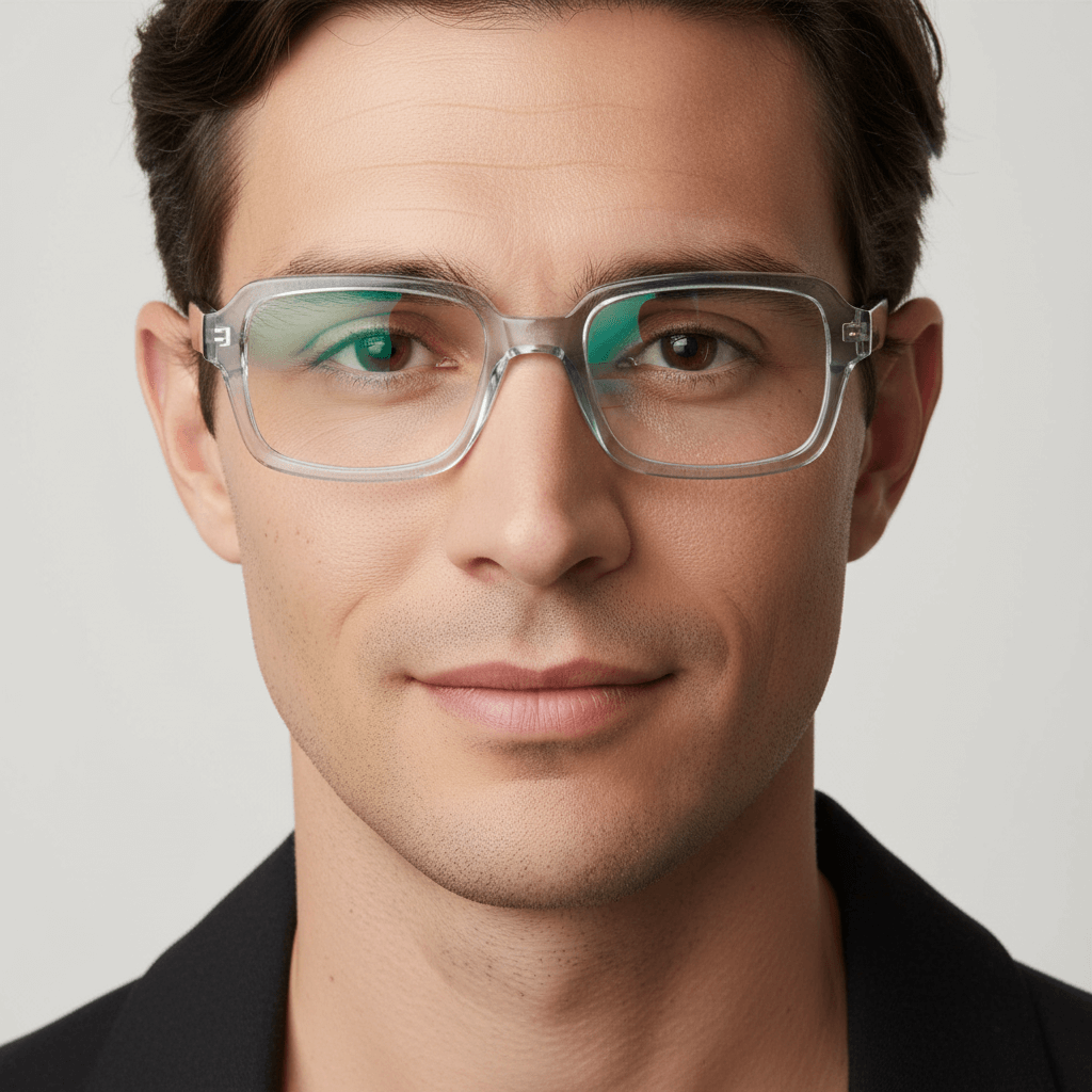 la vista frontal de un hombre usando armazones opticos bonoboss de forma rectangular de color transparente #color_crystal-carey