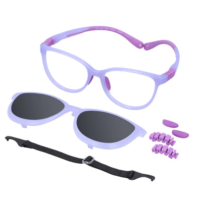 anteojos armazones de niña y niño agatados con clip de sol polarizado mica y repuestos. En la parte baja se ve un strap o colgante que incluye gratis y al costado derecho los repuestos de nosepads y bisagras. Vista angulada de un anteojo agatado de adolescentes de color morado