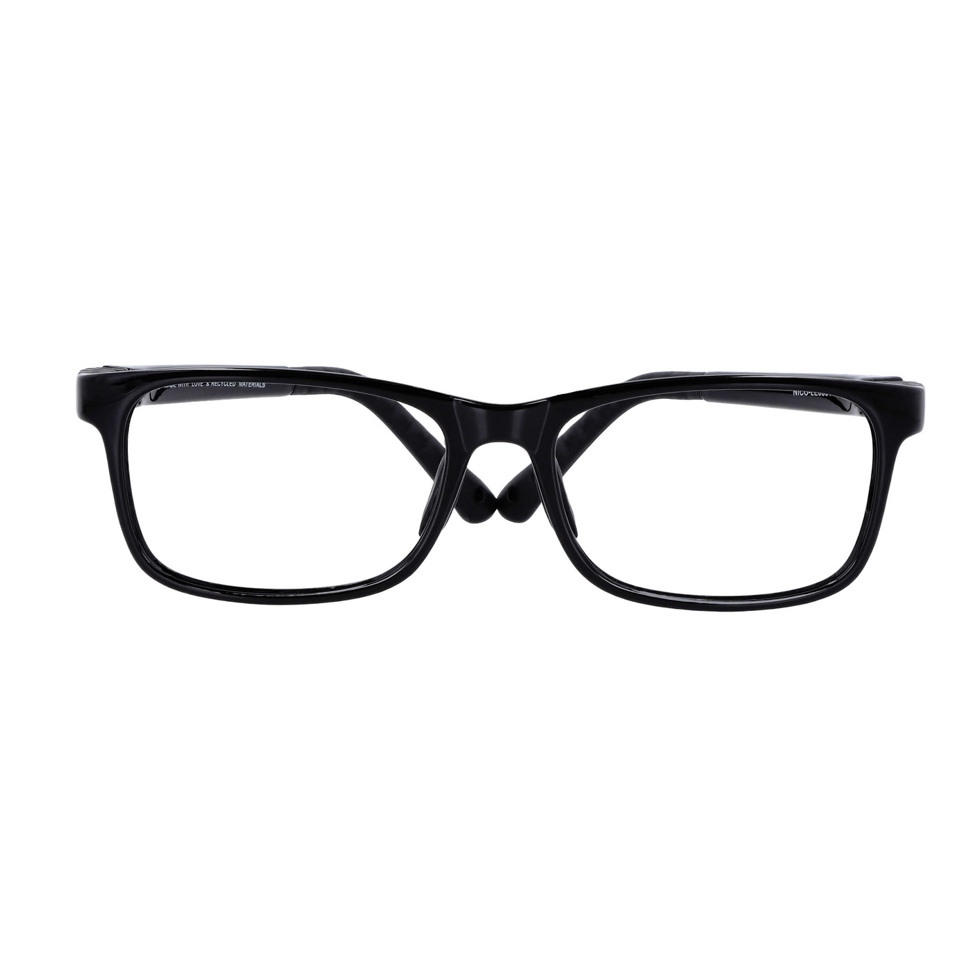 anteojos ópticos con receta para niños y niñas de forma rectangular y clip para el sol polarizado. La vista es frontal y el color del armazón es negro