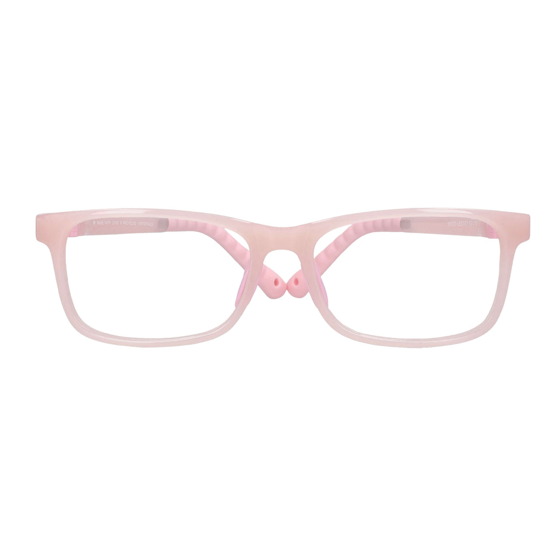 anteojos ópticos con receta para niños y niñas de forma rectangular y clip para el sol polarizado. La vista es frontal y el color del armazón es rosado #color_rosado