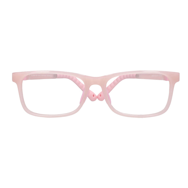 anteojos ópticos con receta para niños y niñas de forma rectangular y clip para el sol polarizado. La vista es frontal y el color del armazón es rosado #color_rosado
