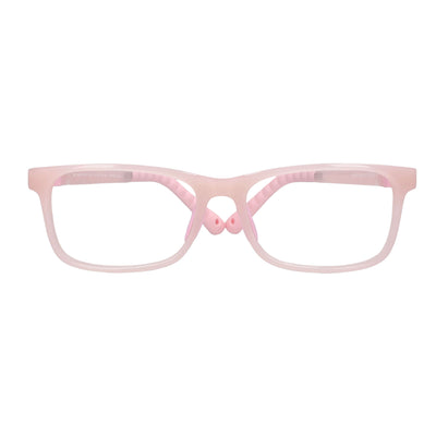 anteojos ópticos con receta para niños y niñas de forma rectangular y clip para el sol polarizado. La vista es frontal y el color del armazón es rosado