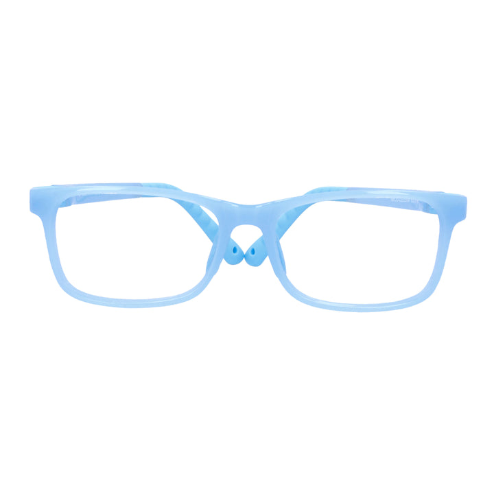 anteojos ópticos con receta para niños y niñas de forma rectangular y clip para el sol polarizado. La vista es frontal y el color del armazón es azul o celeste #color_azul