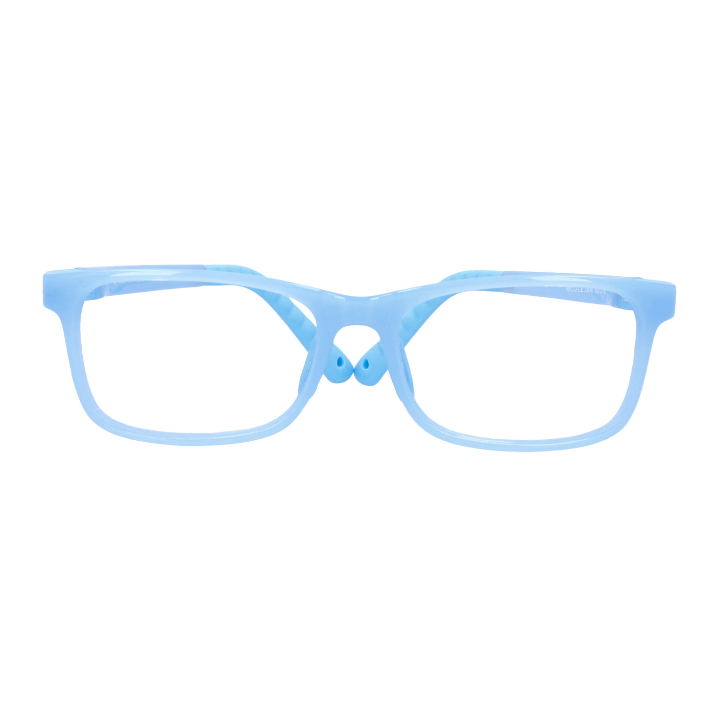 anteojos ópticos con receta para niños y niñas de forma rectangular y clip para el sol polarizado. La vista es frontal y el color del armazón es azul o celeste