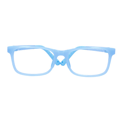 anteojos ópticos con receta para niños y niñas de forma rectangular y clip para el sol polarizado. La vista es frontal y el color del armazón es azul o celeste