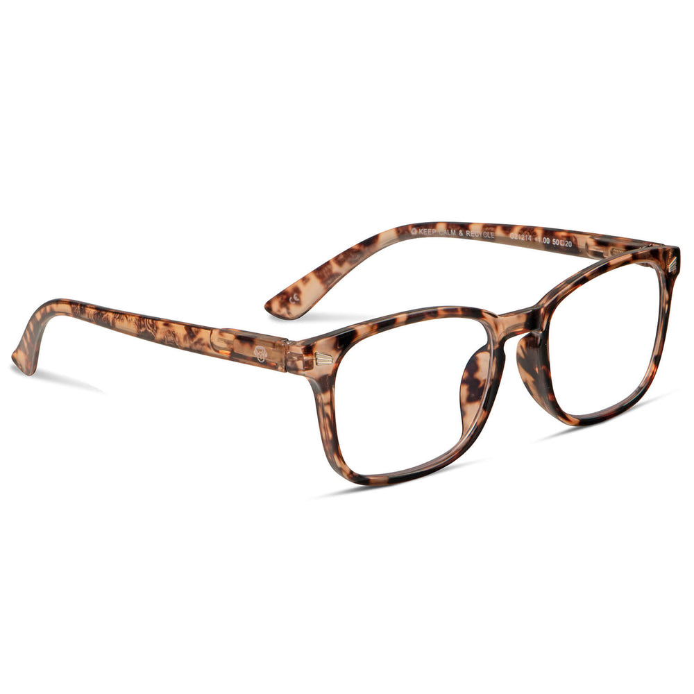 anteojos lentes de lectura filtro azul para hombre y mujer cara redonda distribuidor mayorista optica lentes sustentables plastico reciclado color carey vista lateral o angulada