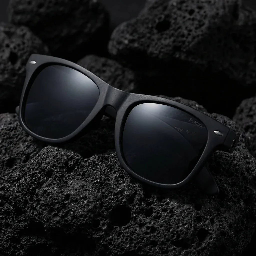 Lentes sol Acacia Dark polarizados UV400 sobre roca volcanica textura natural Bonoboss #editorial_grid1 #color_negro