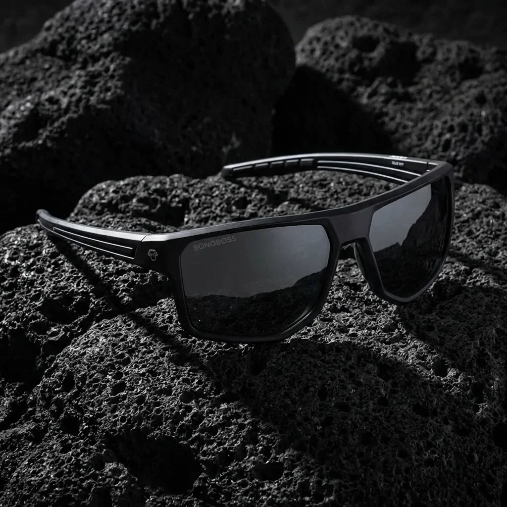 Lentes sol Ollie polarizados UV400 bio-acetato negro sobre roca volcanica textura natural detalle Bonoboss #editorial_polarizado #color_negro
