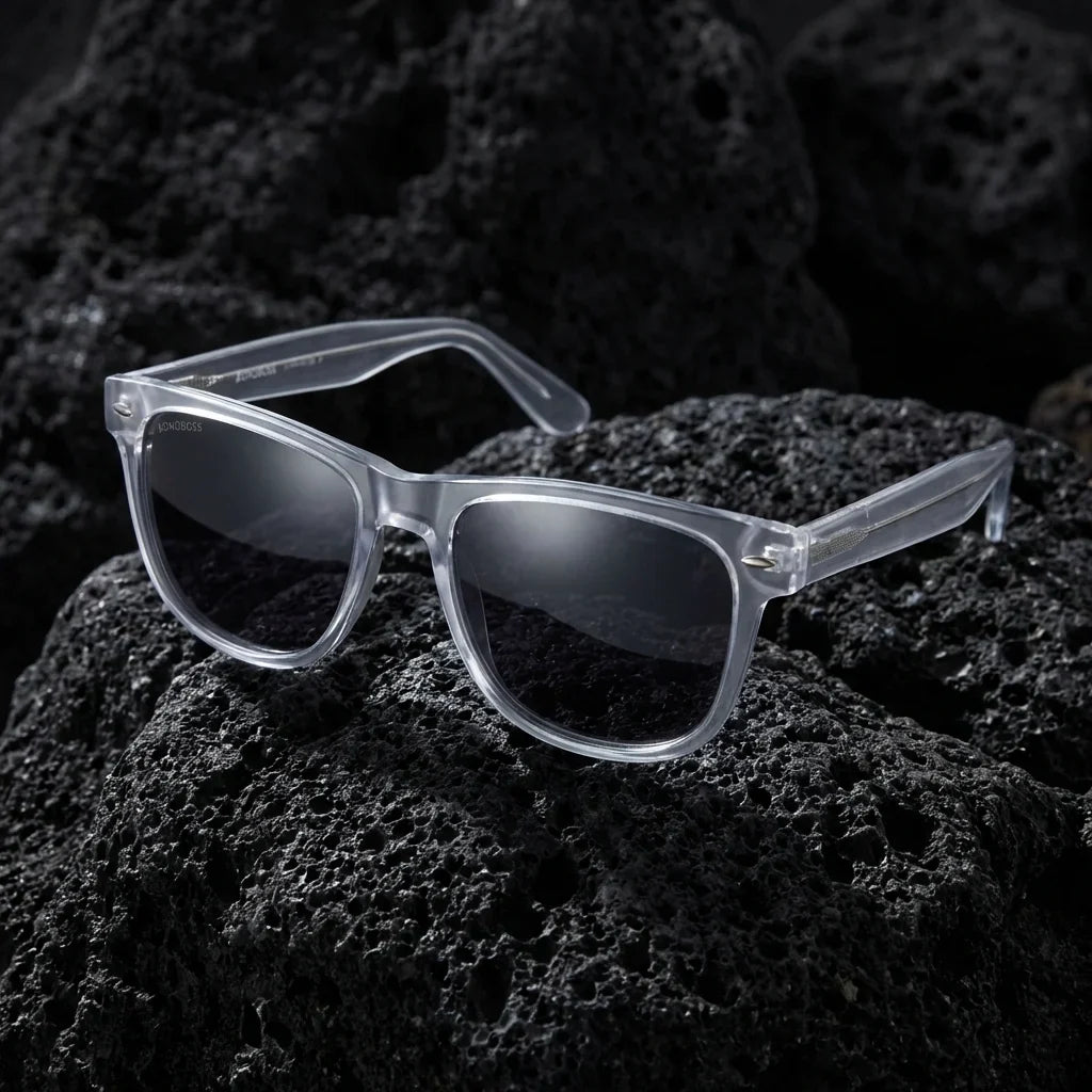 Lentes sol Acacia XL polarizados UV400 sobre roca volcanica textura natural Bonoboss #color_transparente