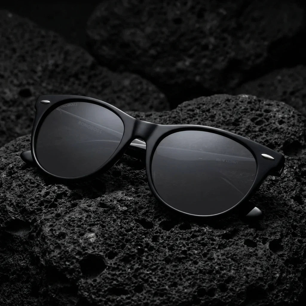 Lentes sol Hanga Roa polarizados UV400 sobre roca volcanica textura natural Bonoboss #editorial_detail2 #color_negro