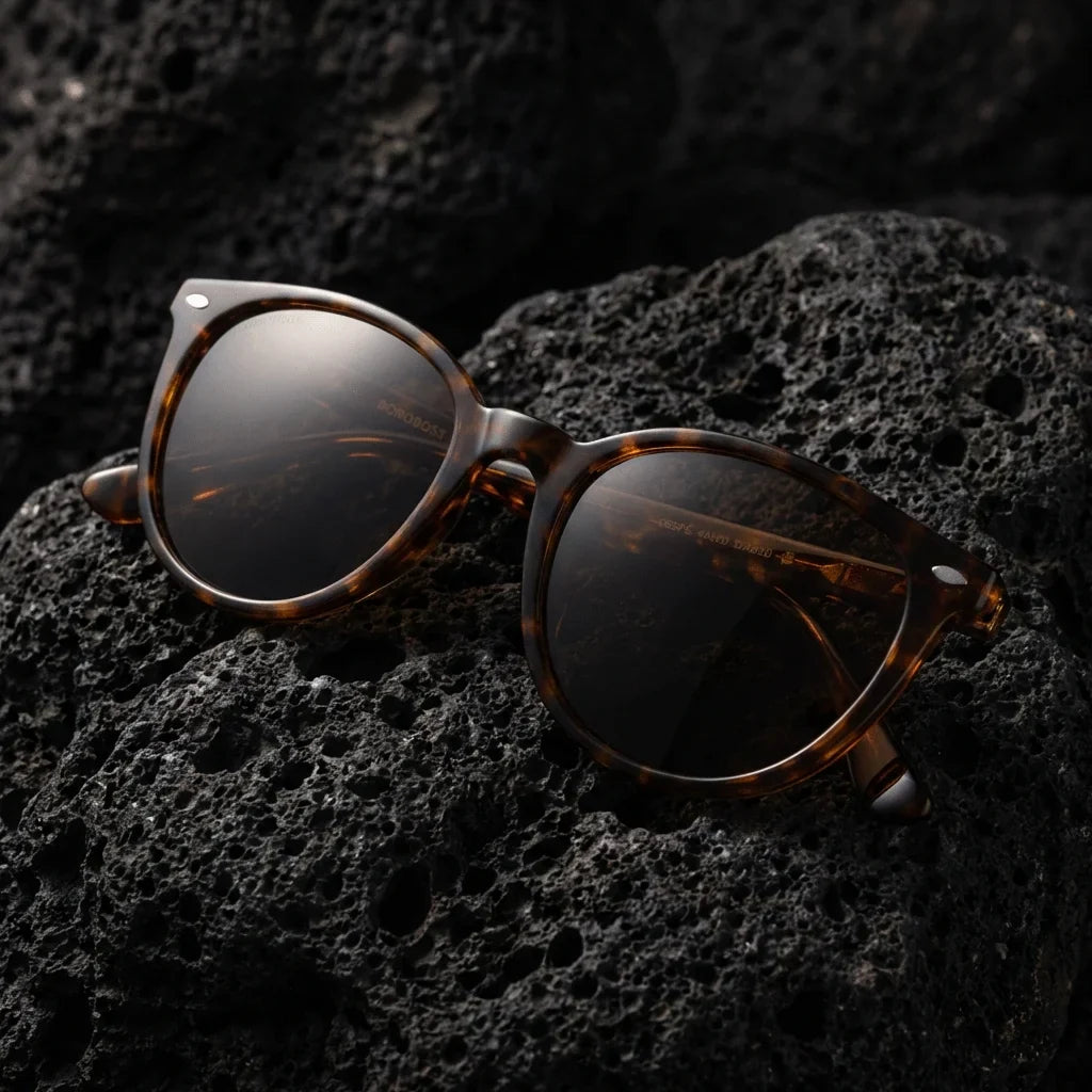 Lentes sol Henua polarizados UV400 sobre roca volcanica textura natural Bonoboss #color_carey