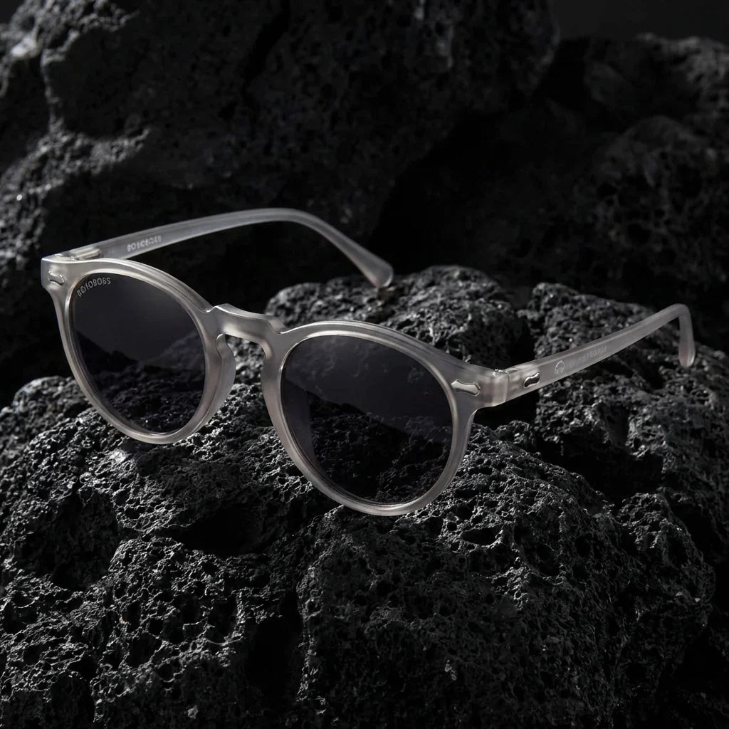 Lentes sol Temuco RPET polarizados UV400 sobre roca volcanica textura natural Bonoboss #color_gris