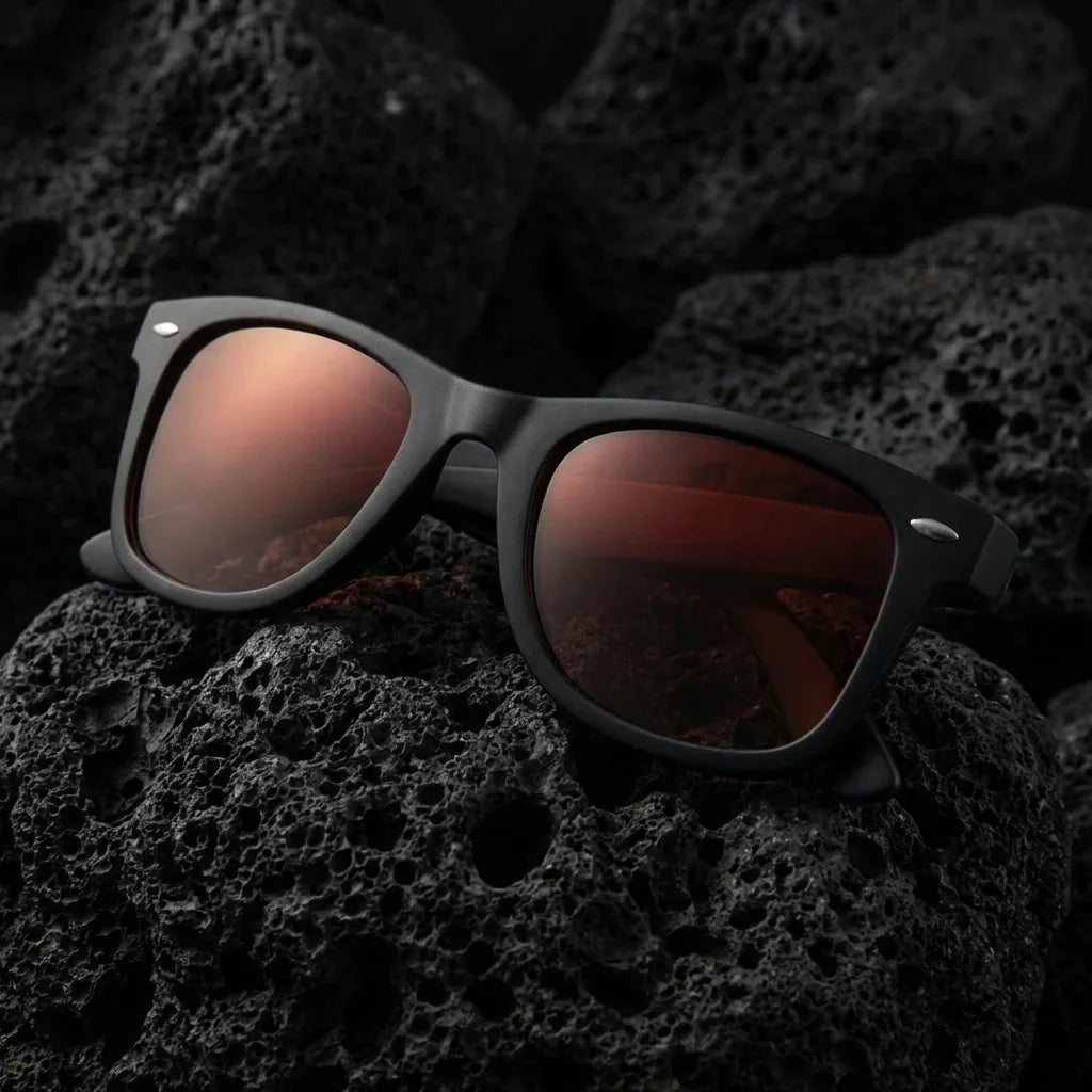 Lentes sol Acacio RPET polarizados UV400 sobre roca volcanica textura natural Bonoboss #color_rojo