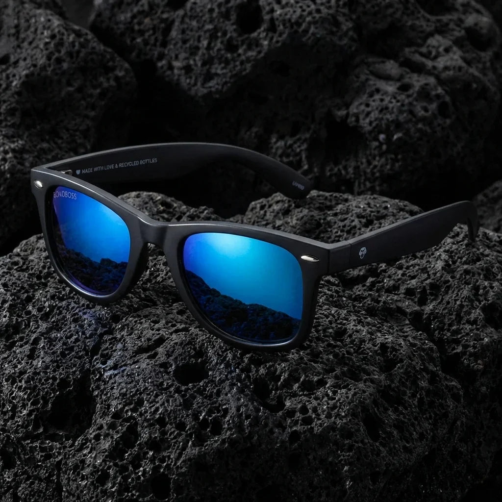 Lentes sol Acacio RPET polarizados UV400 sobre roca volcanica textura natural Bonoboss #color_sky