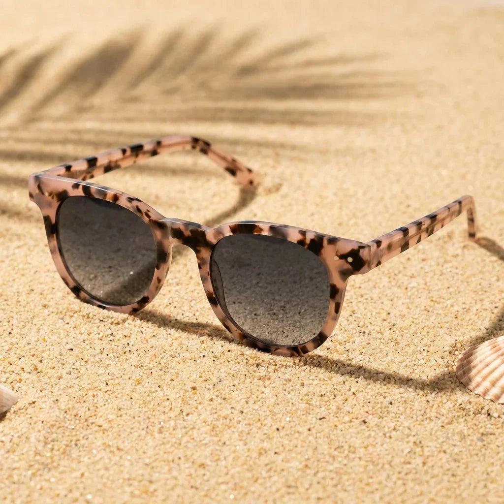 Lentes sol Meli polarizados UV400 sobre arena dorada costa textura natural Bonoboss #editorial_grid1 #color_marble