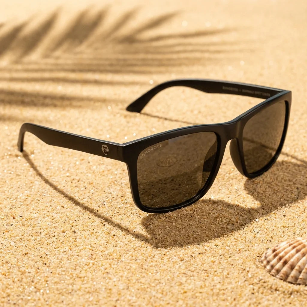 Lentes sol Rapanui RPET polarizados UV400 sobre arena dorada costa textura natural Bonoboss #color_dark