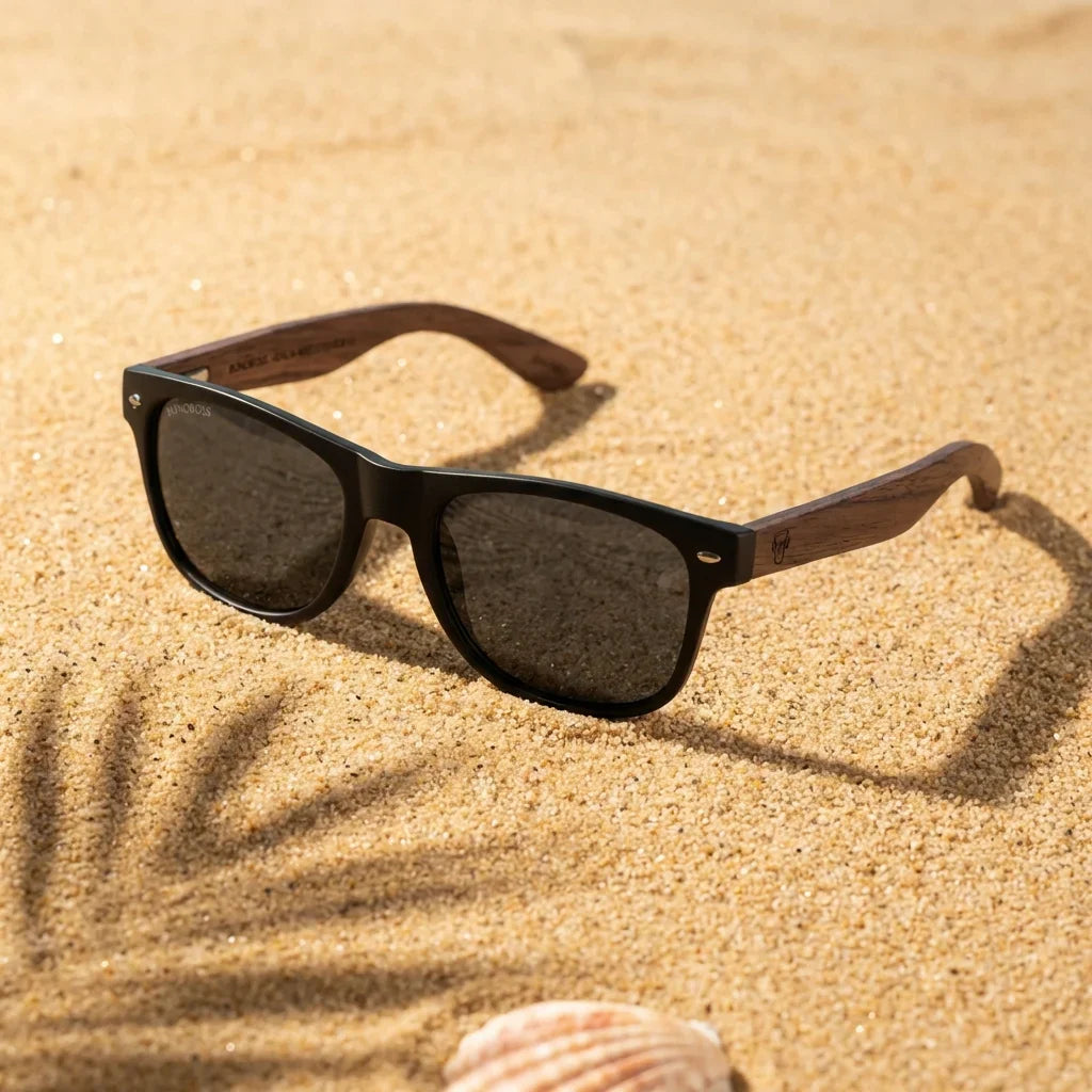 Lentes sol Acacia Nogal polarizados UV400 sobre arena dorada costa textura natural Bonoboss #color_smoke