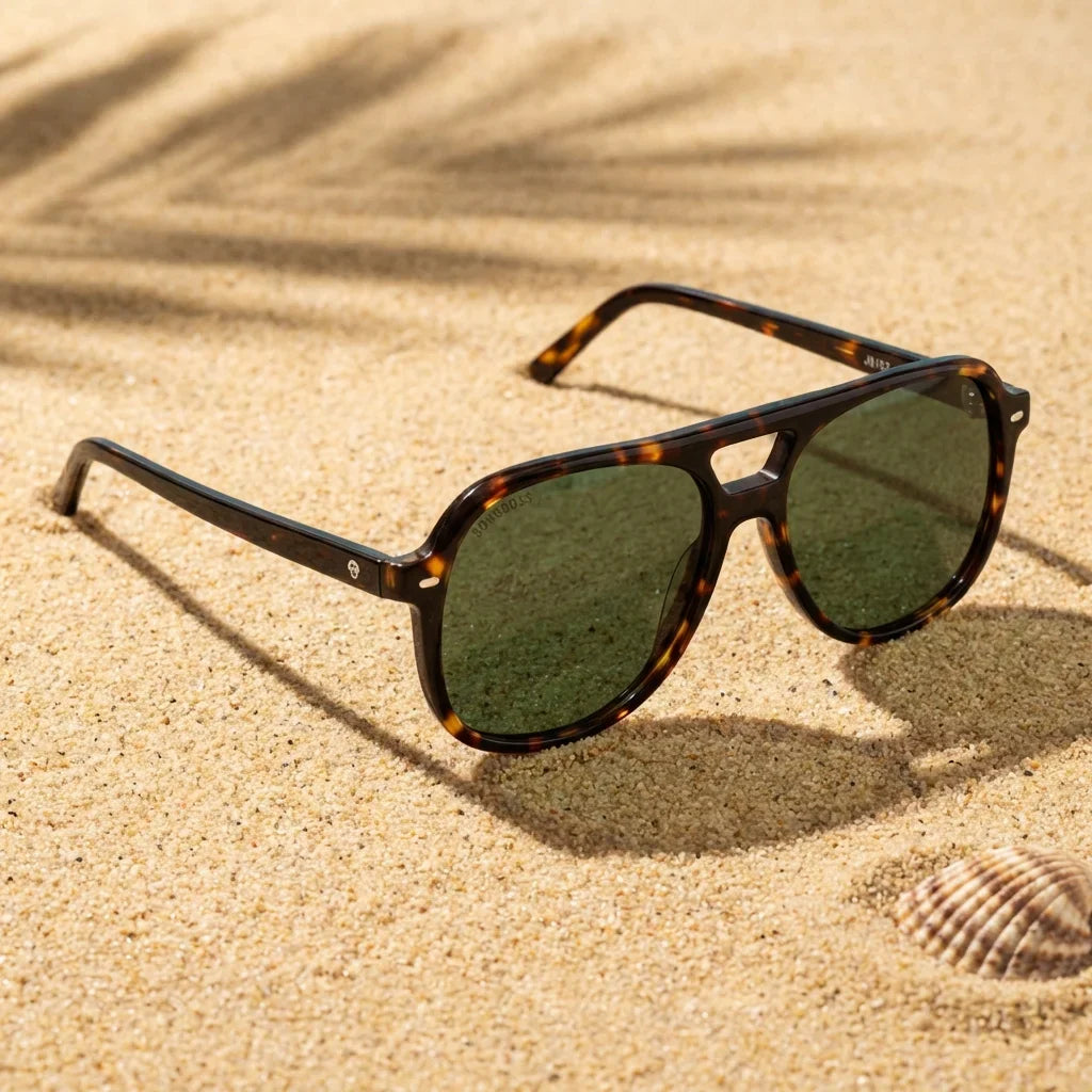 Lentes sol Orson E.D polarizados UV400 sobre arena dorada costa textura natural Bonoboss #color_carey
