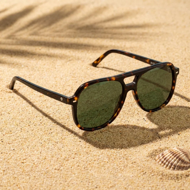Lentes sol Orson E.D polarizados UV400 sobre arena dorada costa textura natural Bonoboss #color_carey