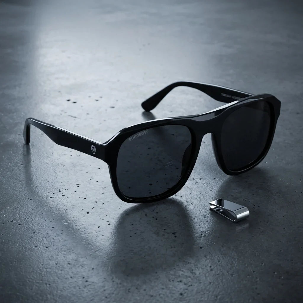 Lentes sol Tom polarizados UV400 sobre concreto urbano textura industrial Bonoboss #color_negro