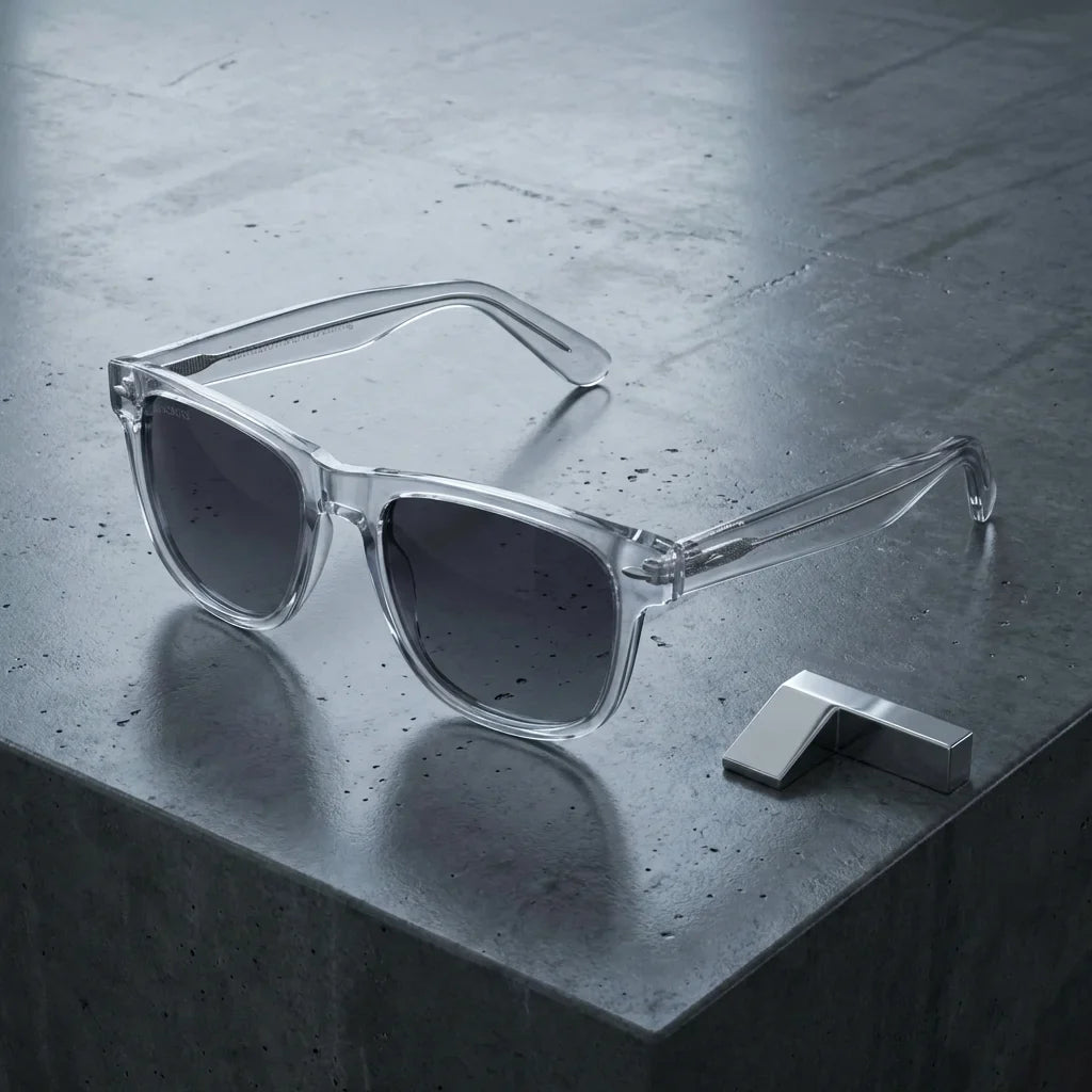 Lentes sol Acacia XL polarizados UV400 sobre concreto urbano textura industrial Bonoboss #color_transparente