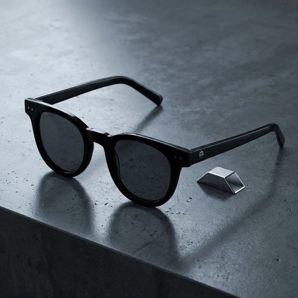 Lentes sol Meli polarizados UV400 sobre concreto urbano textura industrial Bonoboss #color_negro