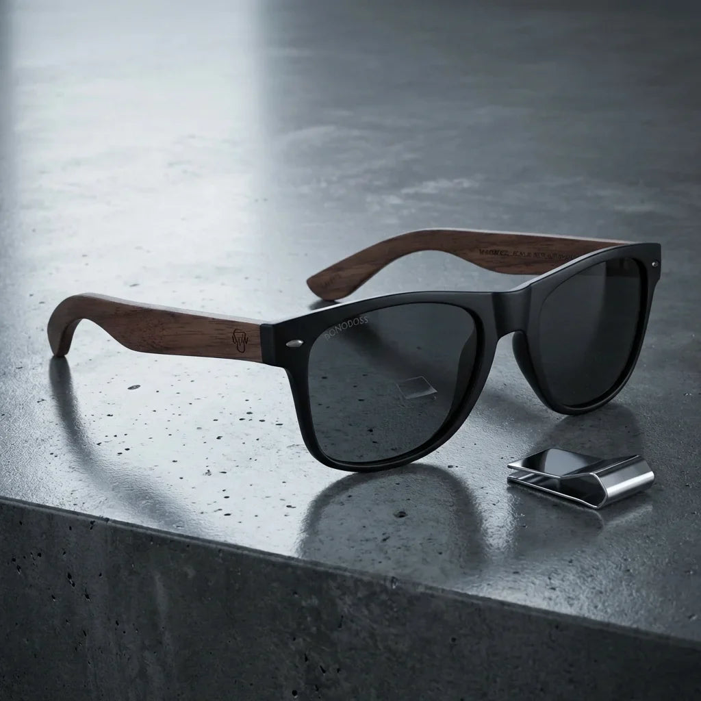 Lentes sol Acacia Nogal polarizados UV400 sobre concreto urbano textura industrial Bonoboss #color_smoke