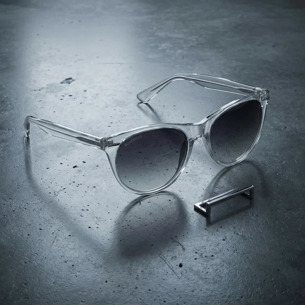 Lentes sol Hanga Roa polarizados UV400 sobre concreto urbano textura industrial Bonoboss #color_transparente