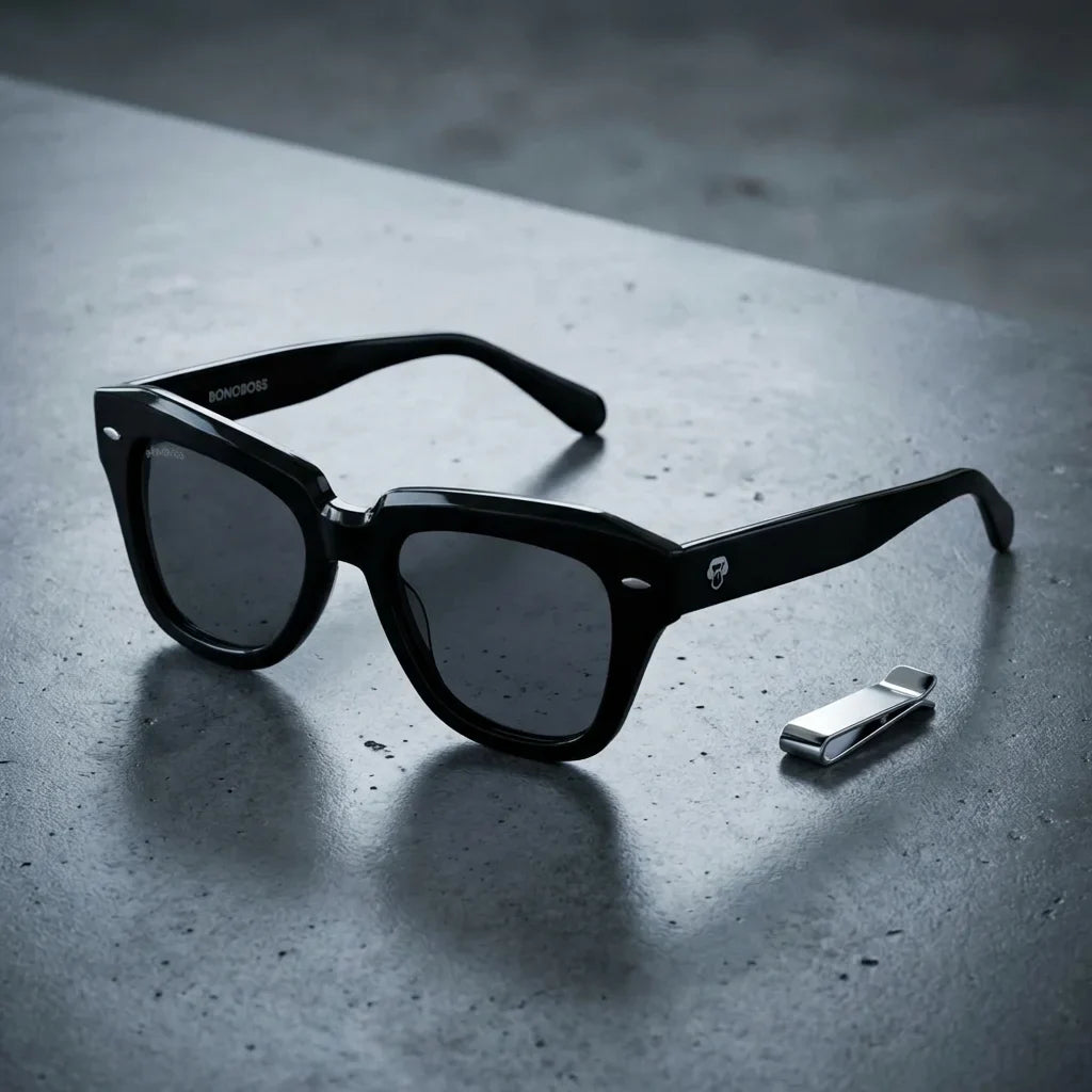 Lentes sol Selkie Vintage polarizados UV400 sobre concreto urbano textura industrial Bonoboss #color_negro