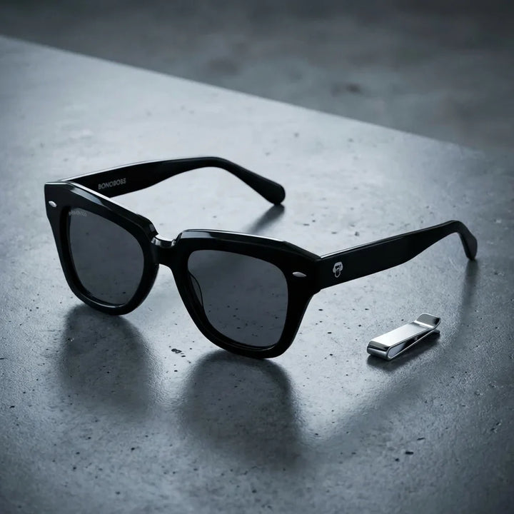 Lentes sol Selkie Vintage polarizados UV400 sobre concreto urbano textura industrial Bonoboss #color_negro