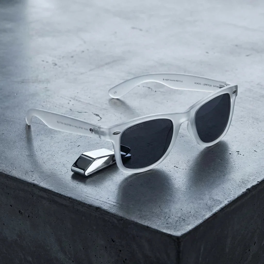 Lentes sol Acacio RPET polarizados UV400 sobre concreto urbano textura industrial Bonoboss #color_transparente