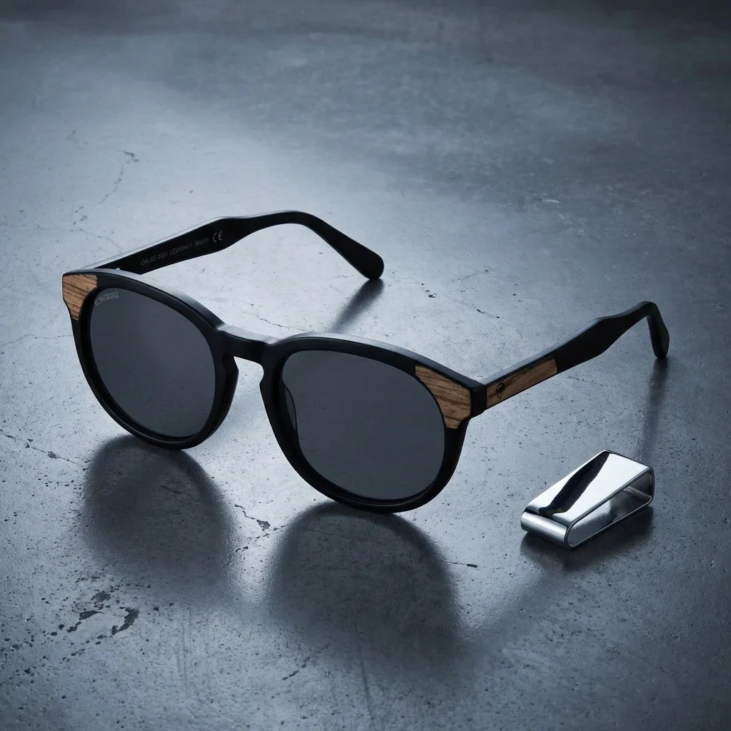 Lentes sol Chiloé 0084 polarizados UV400 sobre concreto urbano textura industrial Bonoboss #color_negro