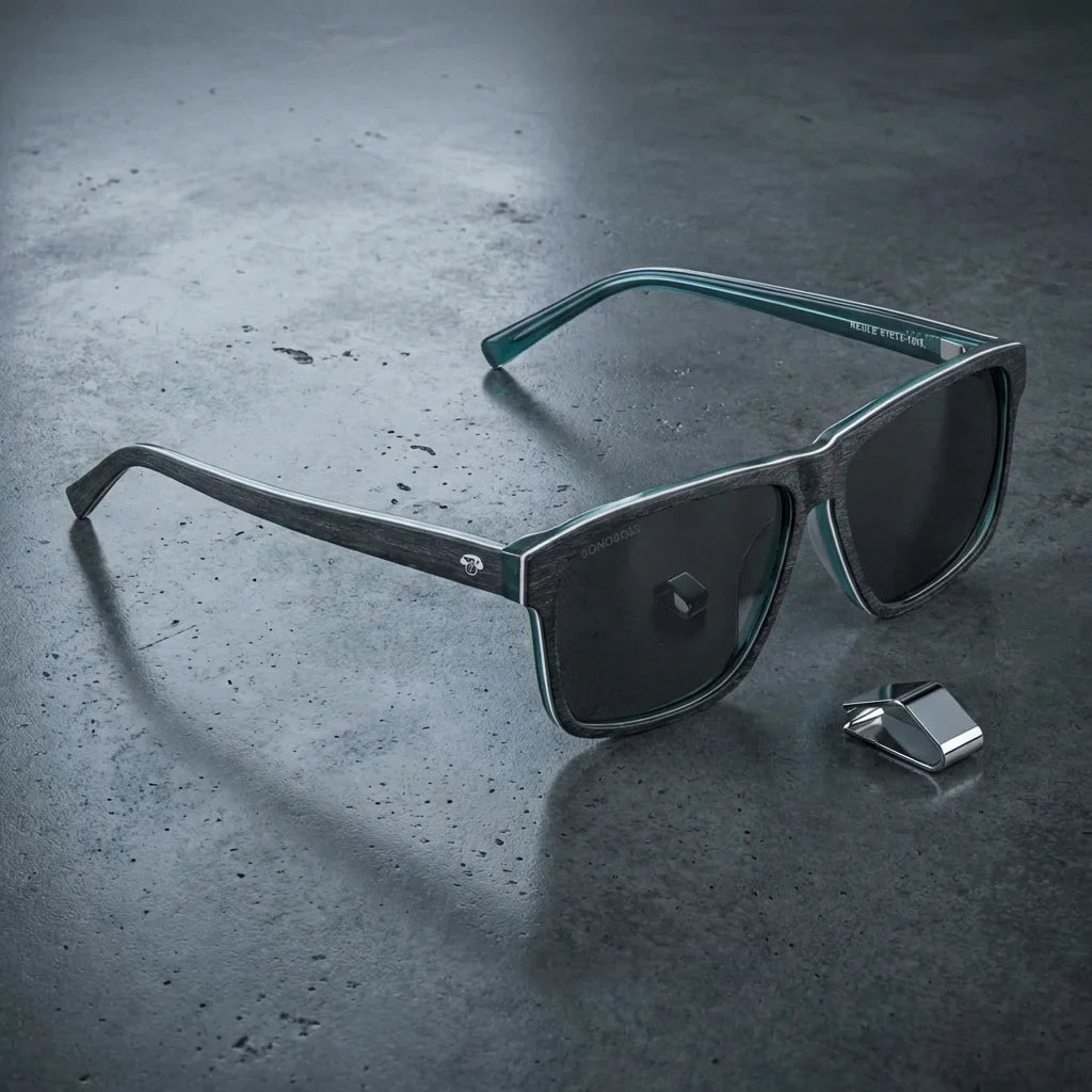 Lentes sol Keule XL polarizados UV400 sobre concreto urbano textura industrial Bonoboss #color_darkblue