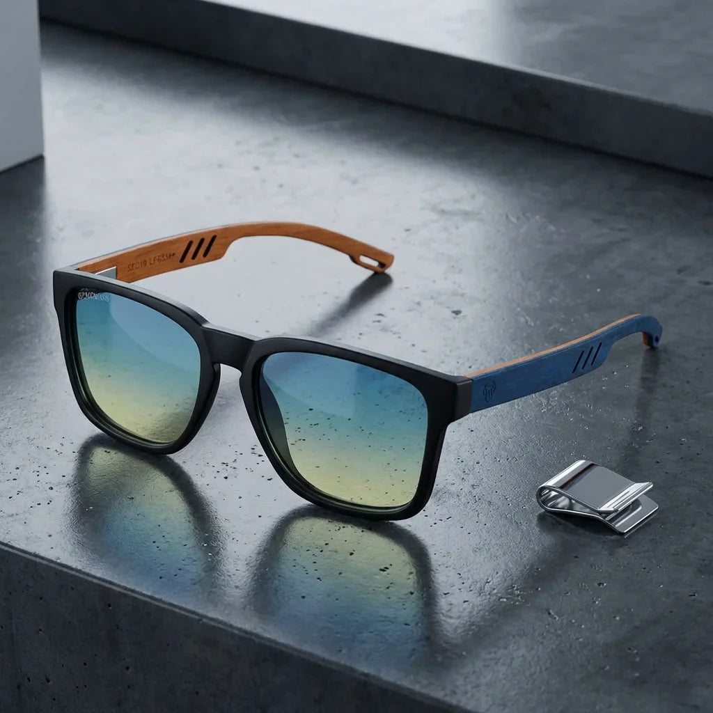 Lentes sol Waimea polarizados UV400 sobre concreto urbano textura industrial Bonoboss #color_degrade-azul