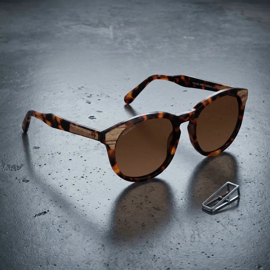 Lentes sol Chiloé 0084 polarizados UV400 sobre concreto urbano textura industrial Bonoboss #color_carey