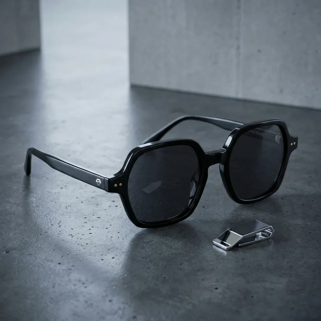 Lentes sol Canarias polarizados UV400 sobre concreto urbano textura industrial Bonoboss #color_negro